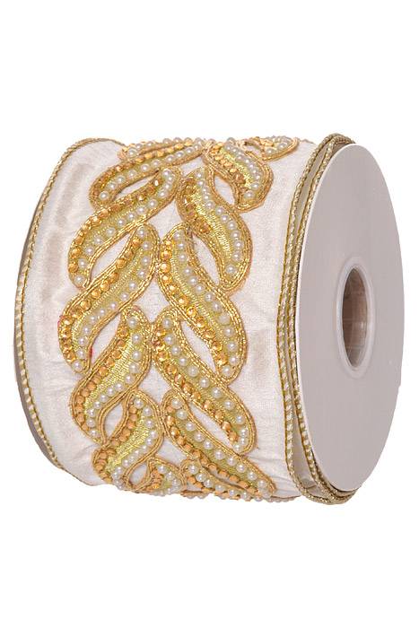 4" X 5 Yds Jewel/Pearl Trim On Dupion Wired Ribbon Ivory/Gold