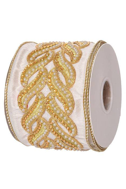 4" X 5 Yds Jewel/Pearl Trim On Dupion Wired Ribbon Ivory/Gold