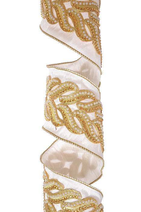 4" X 5 Yds Jewel/Pearl Trim On Dupion Wired Ribbon Ivory/Gold