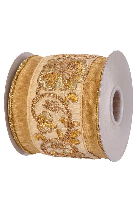 4" X 5 Yds Embroidered Bead Floral Wired Ribbon Gold