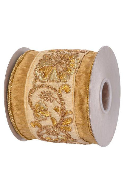 4" X 5 Yds Embroidered Bead Floral Wired Ribbon Gold