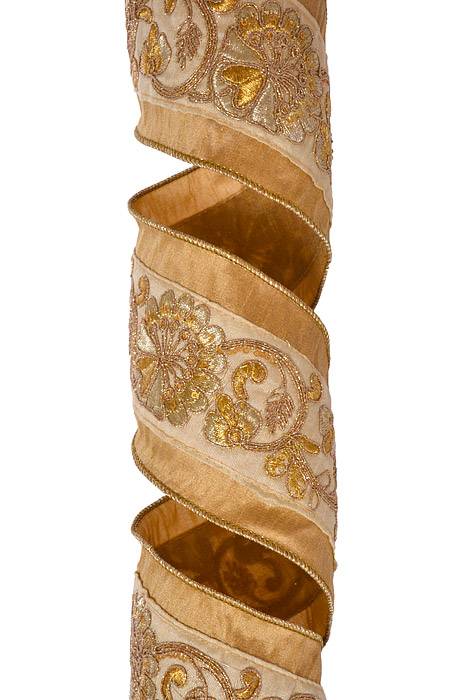 4" X 5 Yds Embroidered Bead Floral Wired Ribbon Gold