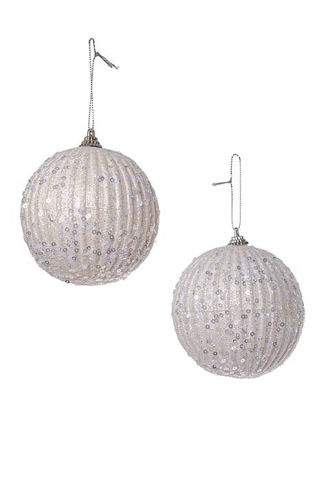 100mm Glitter Ball Ornament W/Sequins White Box/2
