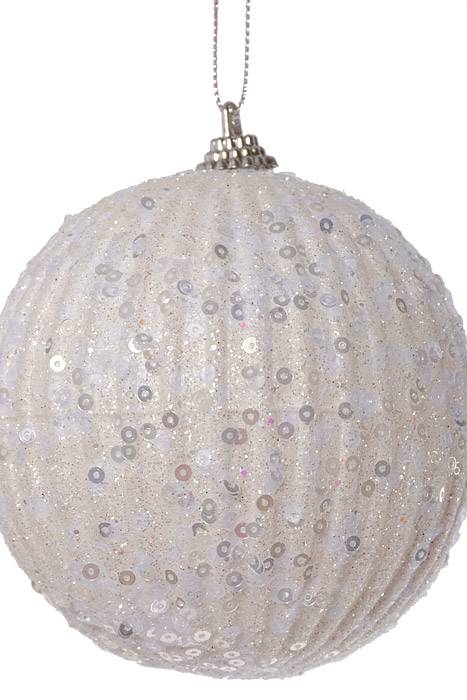 100mm Glitter Ball Ornament W/Sequins White Box/2