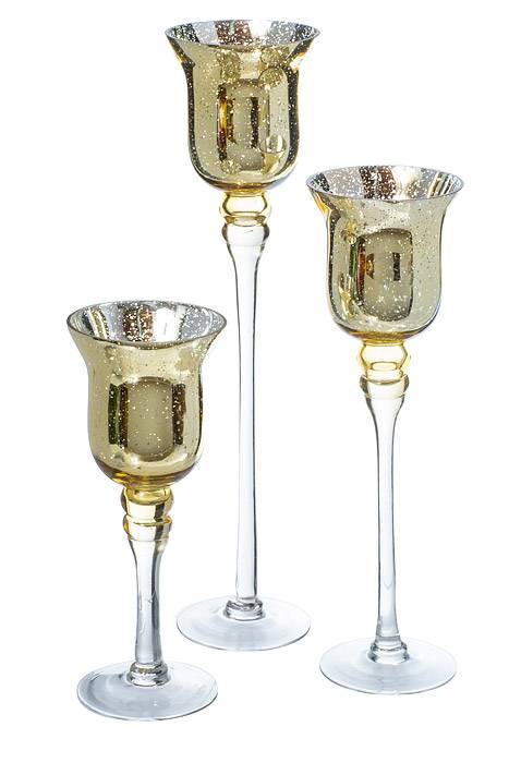12&quot;/ 15.75&quot;/ 19.75&quot; Mercury Glass Candle Holder Gold Set/3