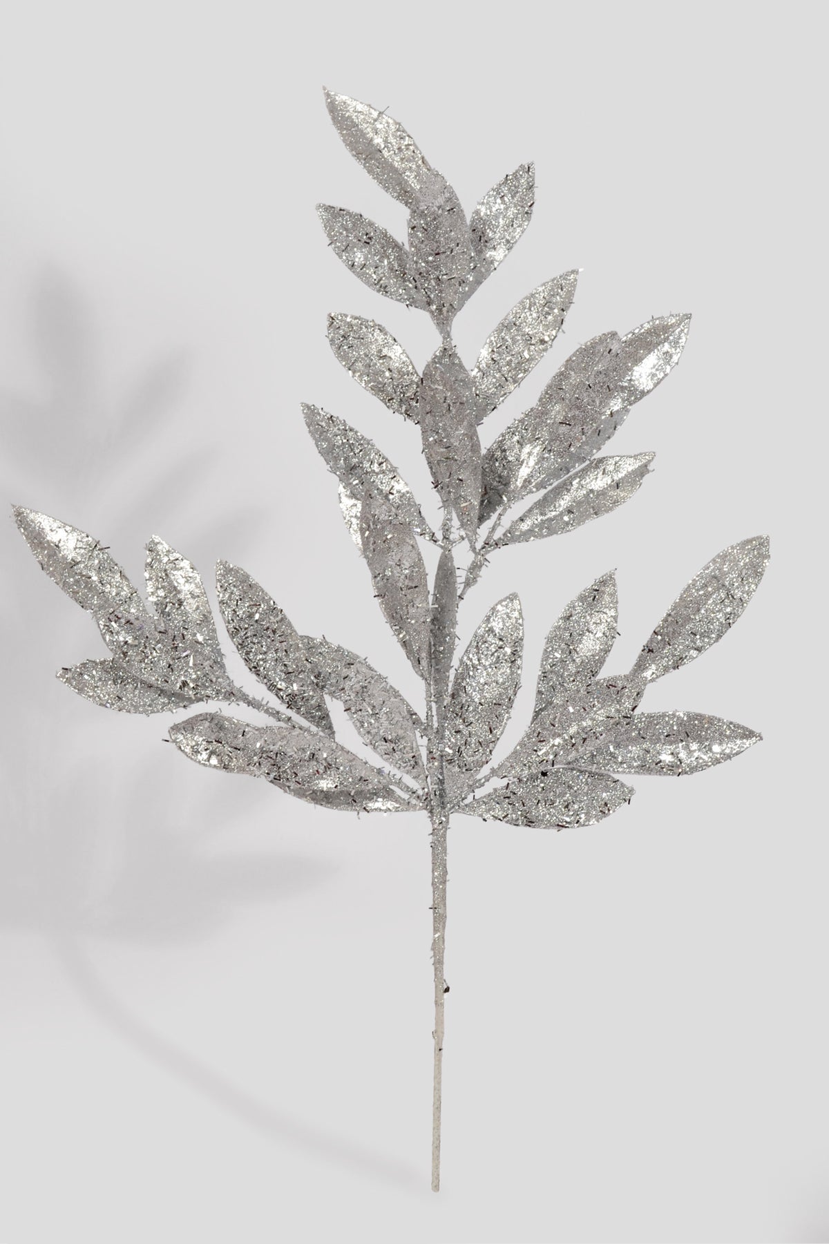 21" Glittered Sparkling Bay Leaf Spray Silver
