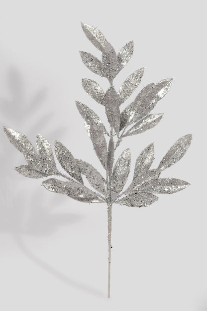 21" Glittered Sparkling Bay Leaf Spray Silver