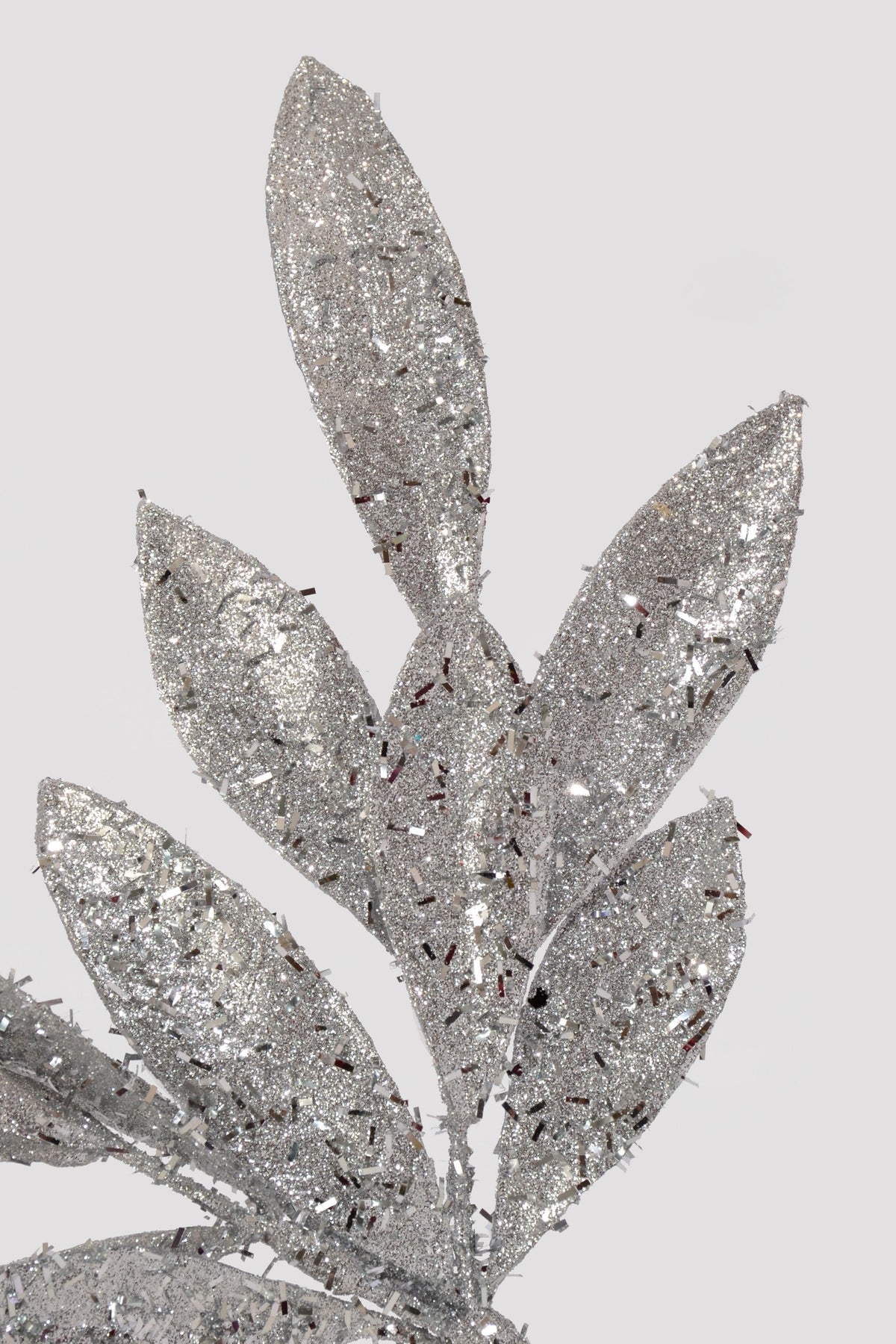 21" Glittered Sparkling Bay Leaf Spray Silver