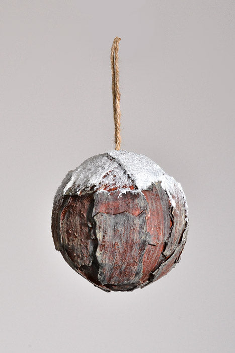 4" Bark Ball With Snow Brown/White