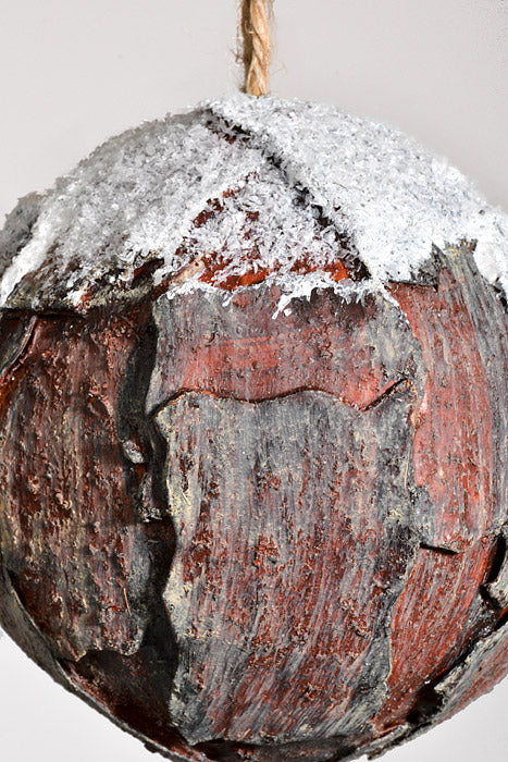 4" Bark Ball With Snow Brown/White