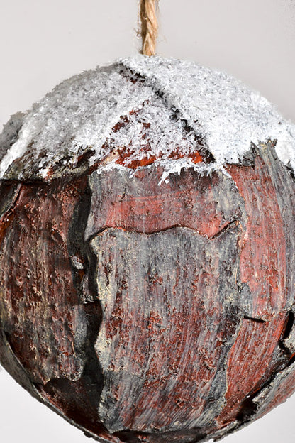 4" Bark Ball With Snow Brown/White