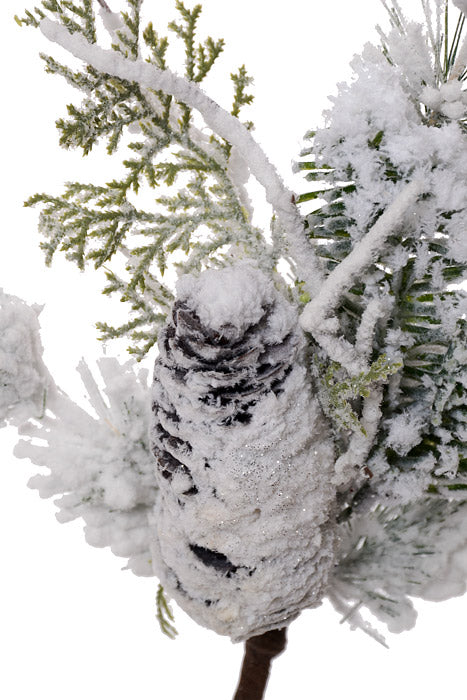 13" Shiny/Mix Pine/Twig Cone Spray Snow