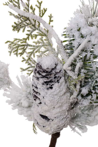 13" Shiny/Mix Pine/Twig Cone Spray Snow