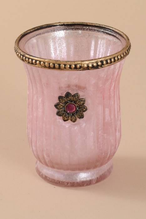 3.5" X 4.5" Round Pink Glass W/metal Rim