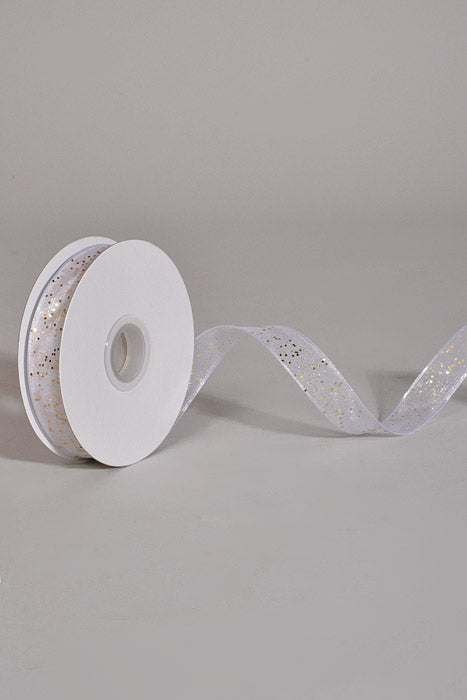 5/8" X 25Yds Wired Sparkle Sheer Ribbon White/Gold