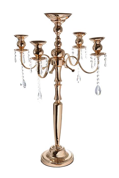 34" Metal 5-lite Candelabrum W/crystal Gold