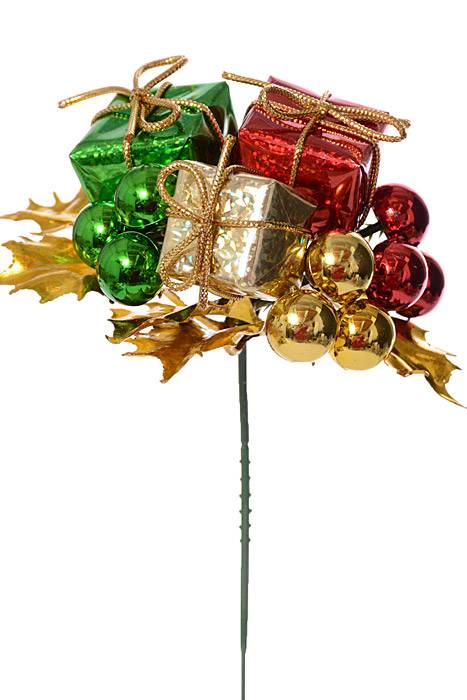7" Holly Pick With 3 Gift Box Assorted Pkg/12
