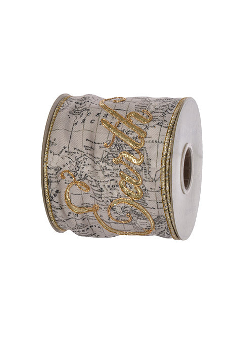 4" X 5Yds Wired Peace Embroided Maple Ribbon Cream/Gold