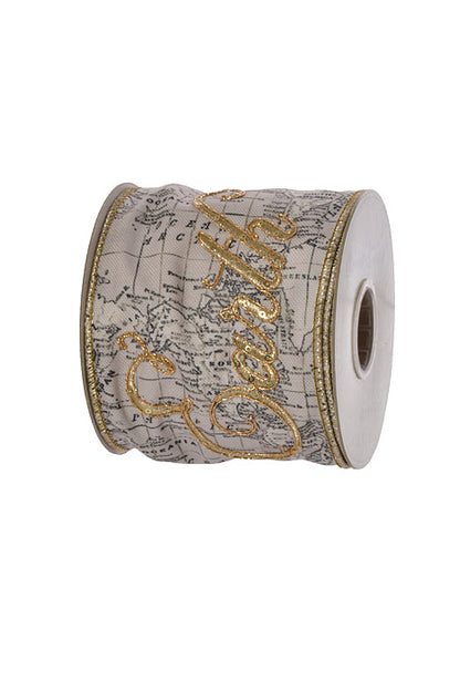 4" X 5Yds Wired Peace Embroided Maple Ribbon Cream/Gold