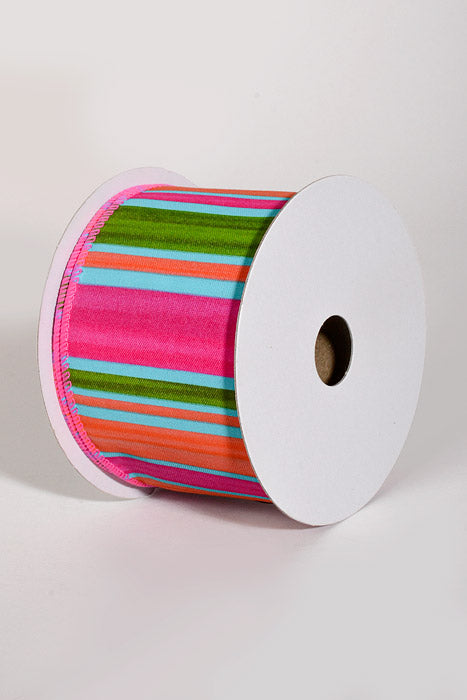 2.5" x 10Yds Wired Watercolor Horizontal Stripes Ribbon Fuchsia/Orange/Aqua/Lime
