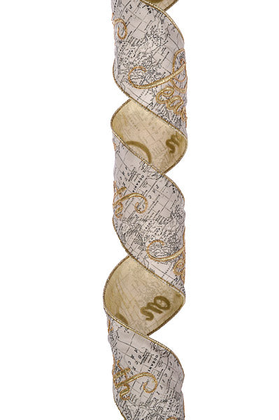 4" X 5Yds Wired Peace Embroided Maple Ribbon Cream/Gold