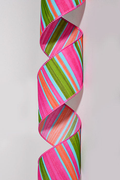 2.5" x 10Yds Wired Watercolor Horizontal Stripes Ribbon Fuchsia/Orange/Aqua/Lime