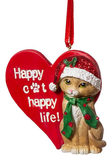3" Rsn Happy Cat Ornament Red/green
