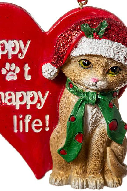 3" Rsn Happy Cat Ornament Red/green