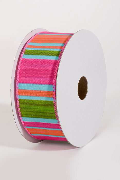 1.5" x 10Yds Wired Watercolor Horizontal Stripes Ribbon Fuchsia/Orange/Aqua/Lime