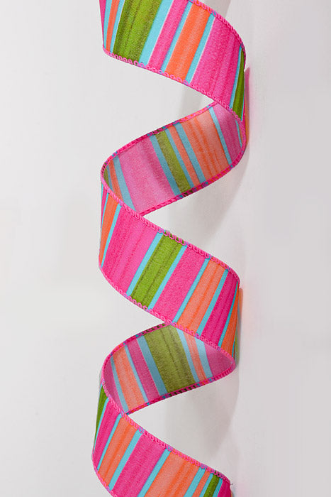 1.5" x 10Yds Wired Watercolor Horizontal Stripes Ribbon Fuchsia/Orange/Aqua/Lime