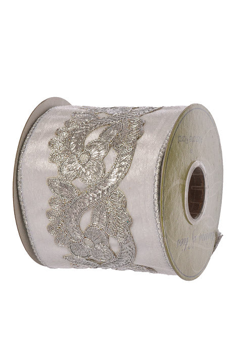 4" X 5Yds Wired Laser Cut Trim Velvet Ribbon White/Silver