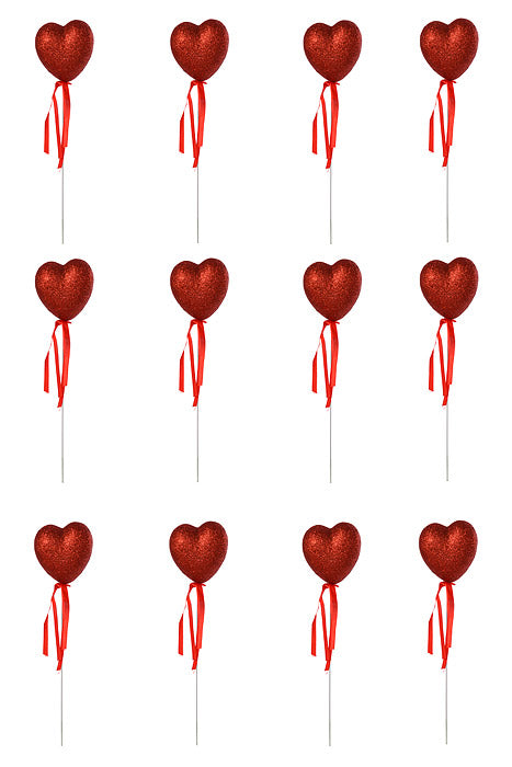 11" Glitter Heart Pick With Ribbon Red Pkg/12