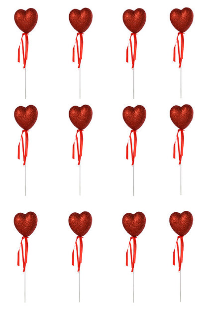 11" Glitter Heart Pick With Ribbon Red Pkg/12