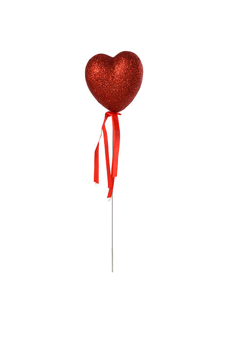 11" Glitter Heart Pick With Ribbon Red Pkg/12