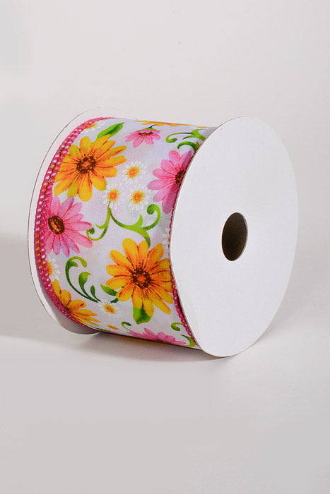 2.5" x 10Yds Wired White Satin Daises Ribbon Pink/Yellow