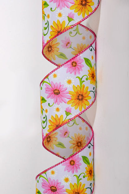 2.5" x 10Yds Wired White Satin Daises Ribbon Pink/Yellow