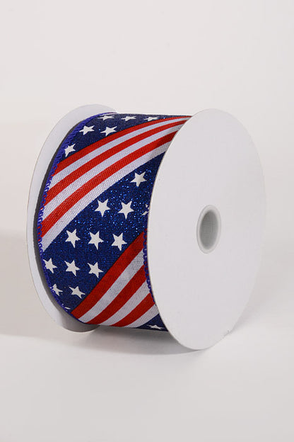 2.5" x 10Yds Wired Glitter White Linen Stars &amp; Strips Ribbon Red/Navy