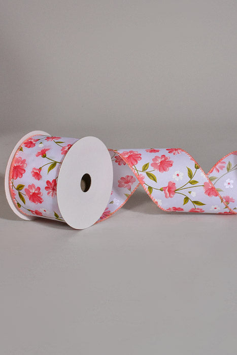 2.5" X 10Yds Wired White Satin Flutter Flowers Ribbon White/Blush