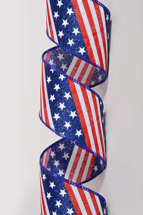 2.5" x 10Yds Wired Glitter White Linen Stars &amp; Strips Ribbon Red/Navy