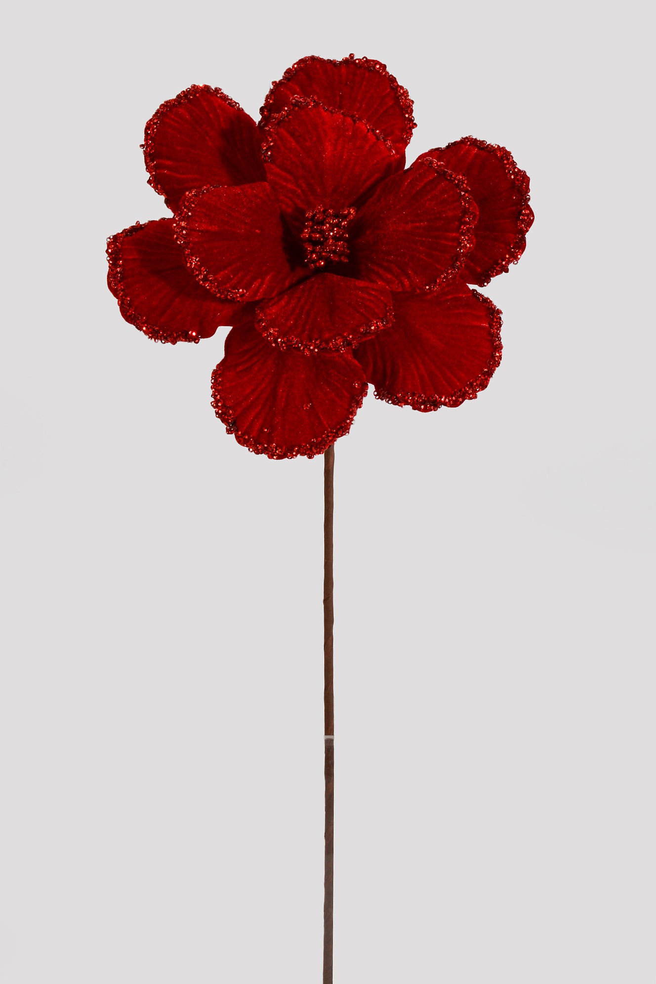 24" Velvet Glitter Bead Edge Magnolia Stem Red