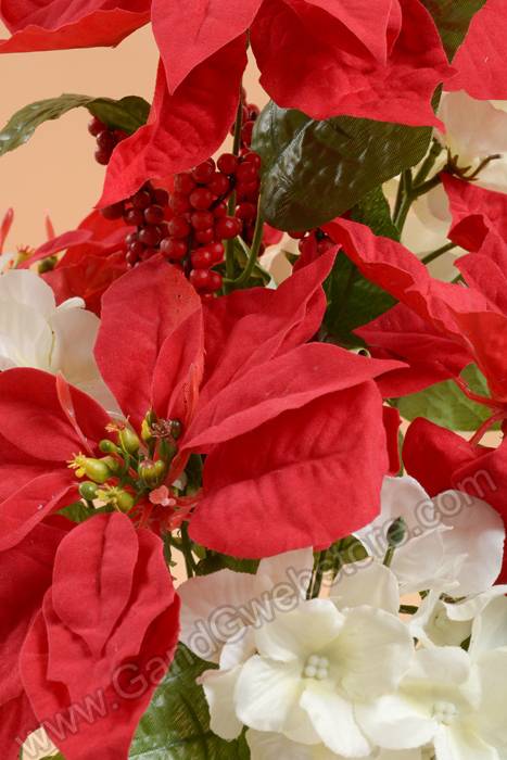 18" Velvet Poinsettia/hydrangea/holly Bush Red/white