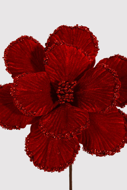 24" Velvet Glitter Bead Edge Magnolia Stem Red