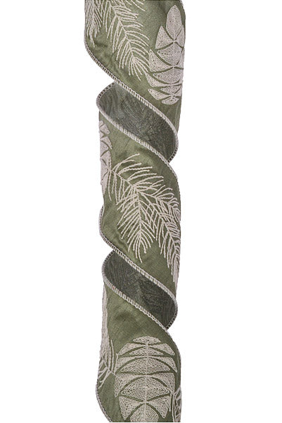 4" X 5Yds Wired Pine Cone Embroided Ribbon Green/White