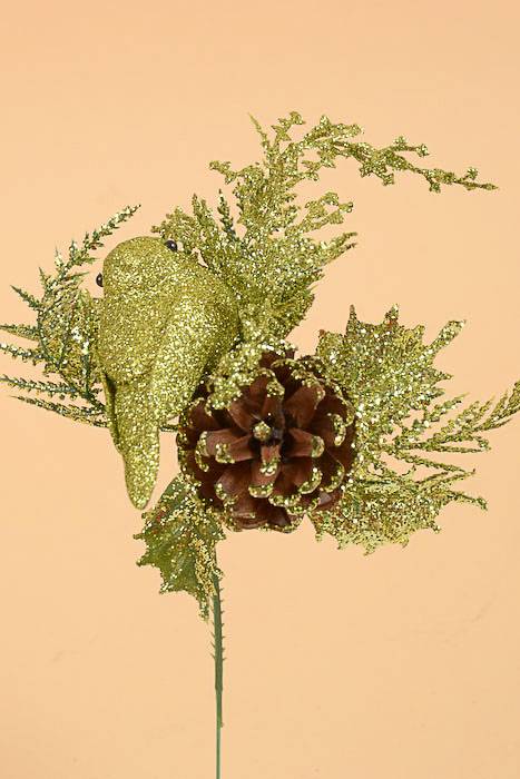 10" Glitter Bird W/cone Pick Green Pkg/12