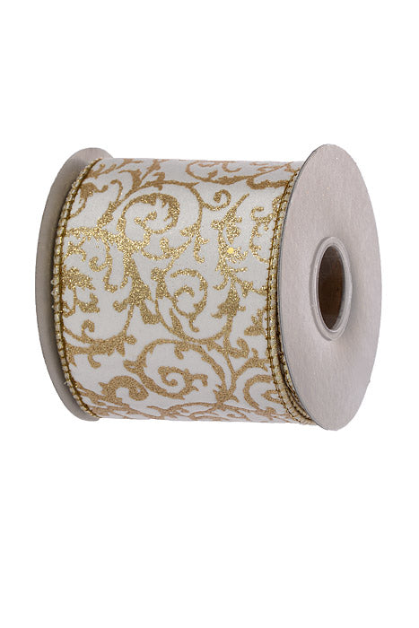 4" X 5Yds Wired Scroll Metallic Dupion Fused Ribbon White/Gold