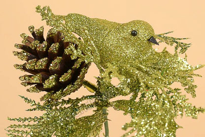 10" Glitter Bird W/cone Pick Green Pkg/12