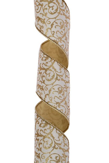 4" X 5Yds Wired Scroll Metallic Dupion Fused Ribbon White/Gold