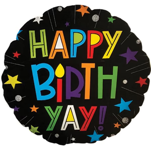 17" Round Balloon Happy Birth-Yay On Black