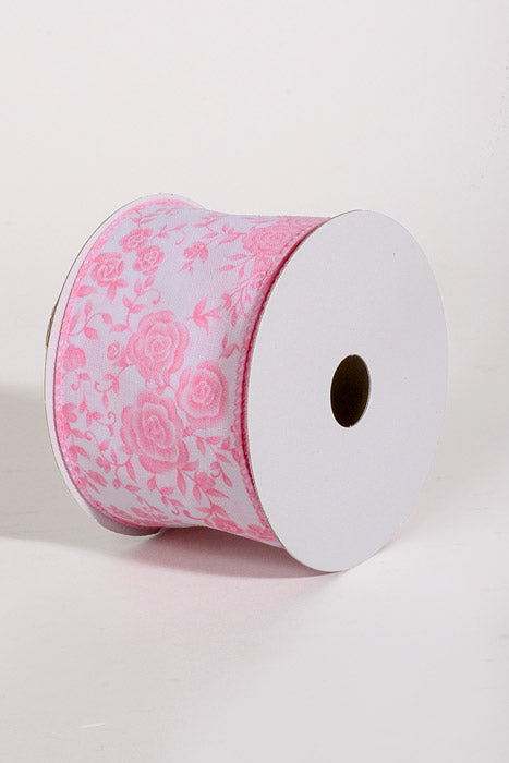 2.5" x 10Yds Wired White Linen Ombre Roses Ribbon Pink