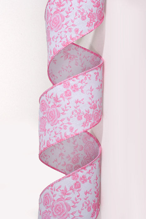 2.5" x 10Yds Wired White Linen Ombre Roses Ribbon Pink